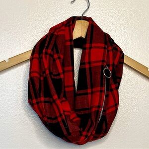 Red and Black Plaid Infinity Scarf with Hidden Pocket
